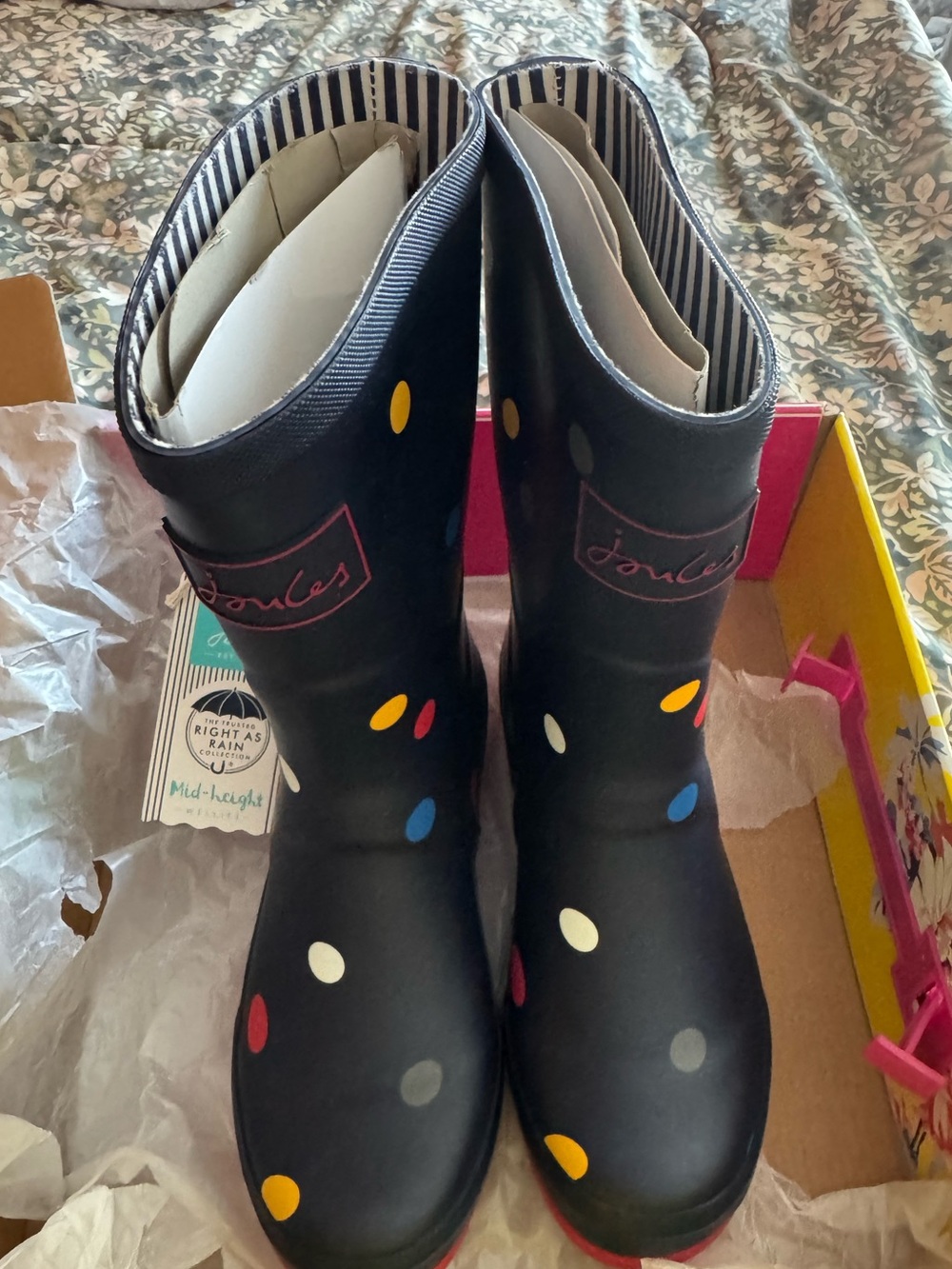 Joules Navy Blue Mid-Height Rain Boots with Multicolor Polka Dots